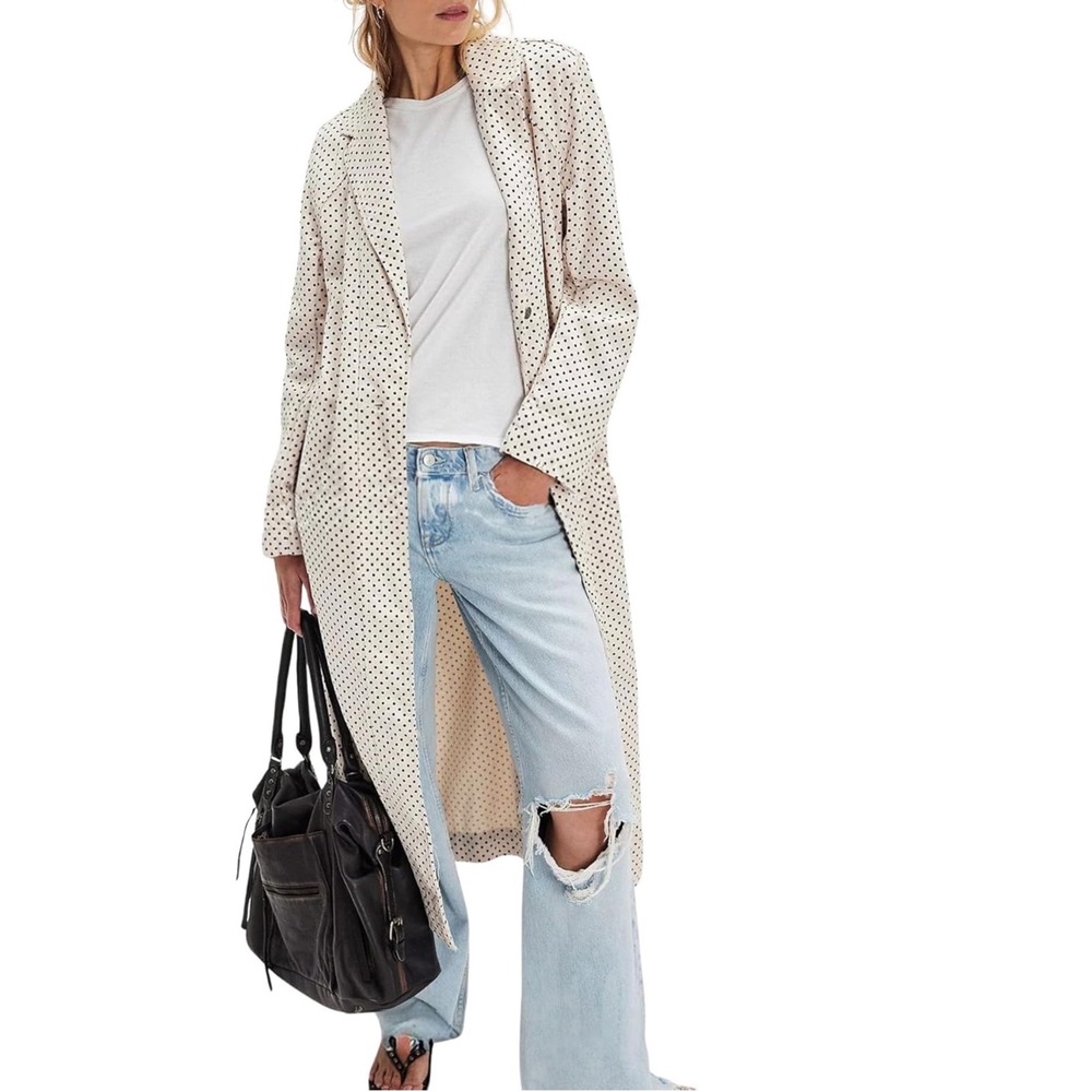 Chouyatou Womens Polka Dot Denim Trench Coat Long Midi Overcoat Duster Cream